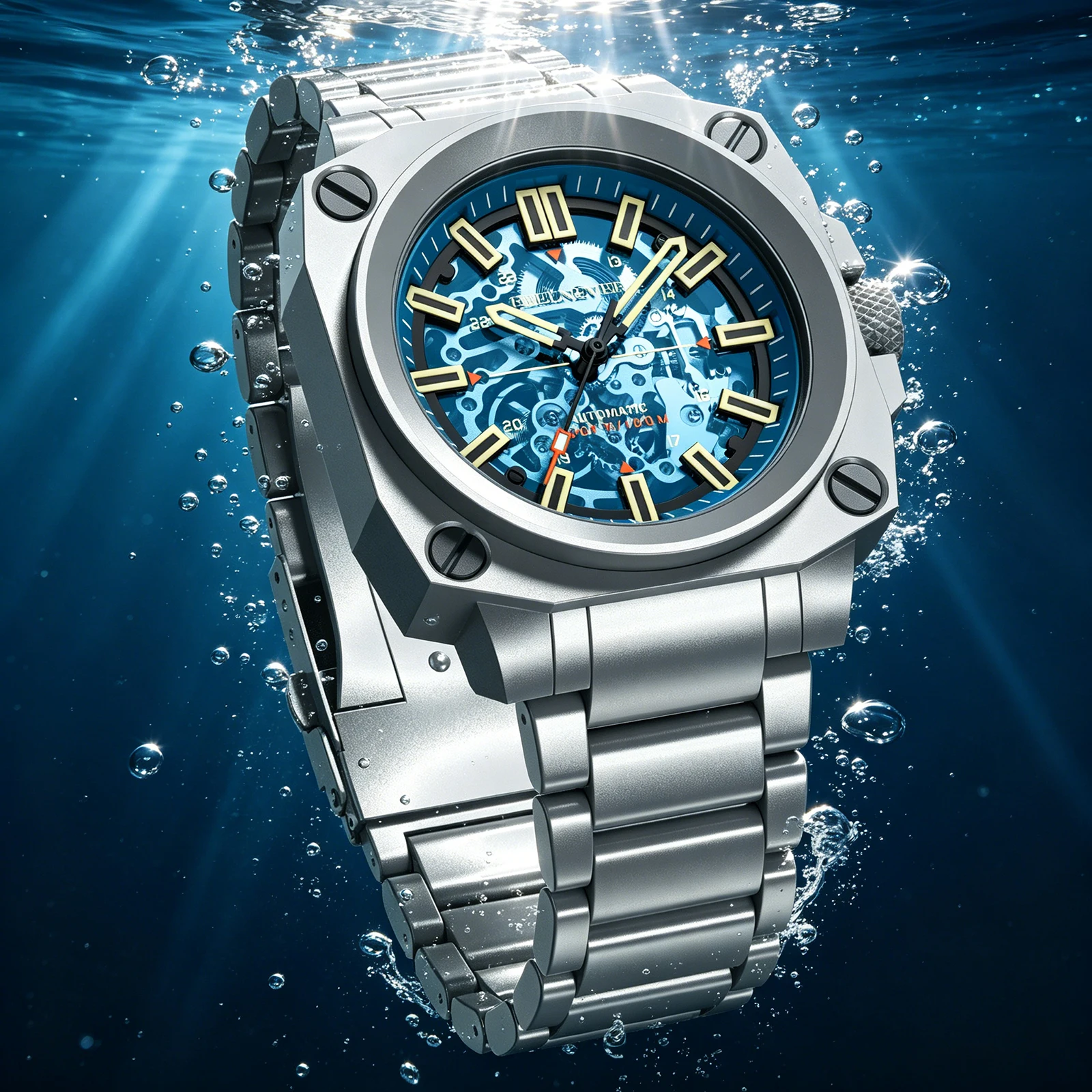 FeelNever Top Brand Luxury Mechanical Man Watch Stainless Steel Hollow Out 100M Waterproof Casual Sport Automatic Luminous Clock