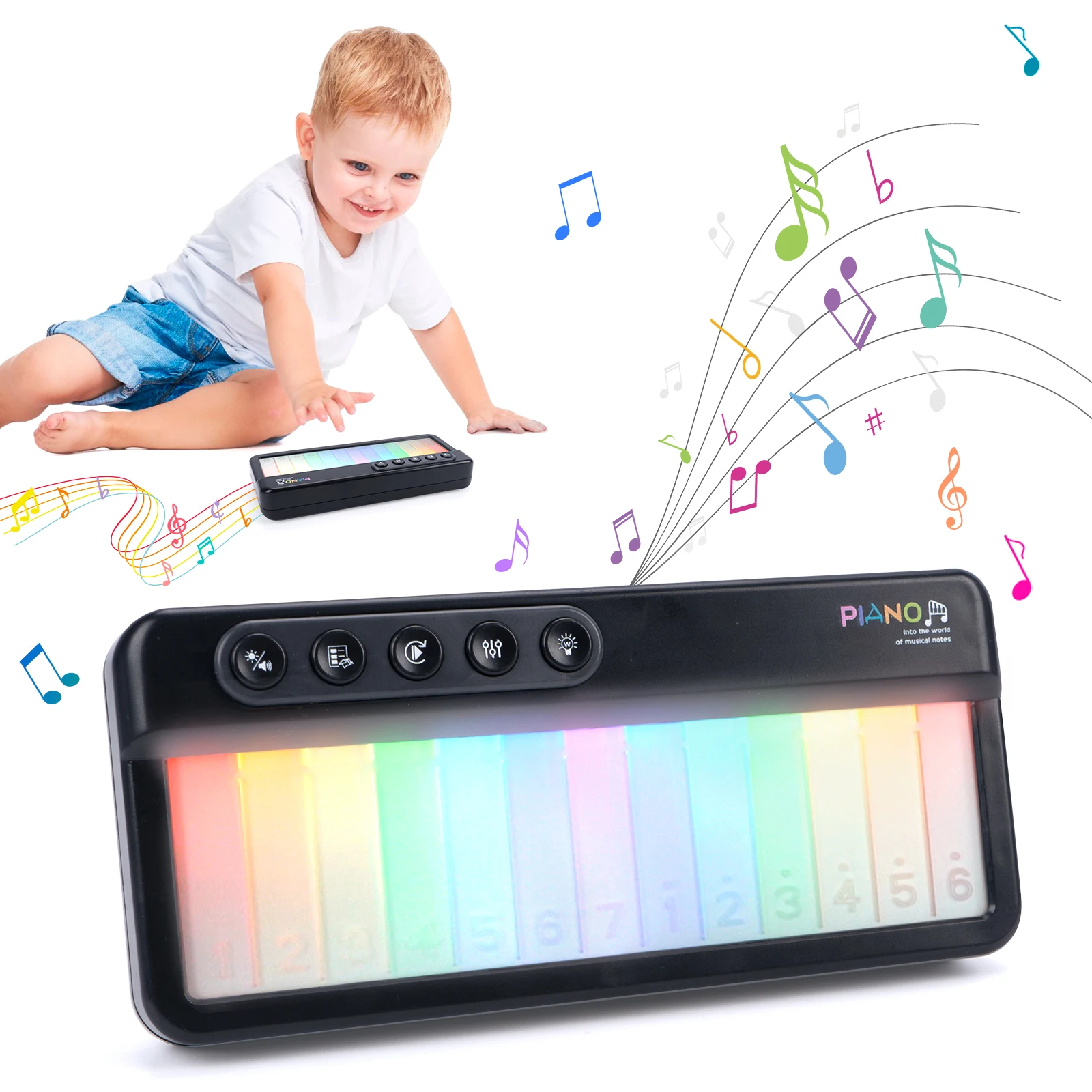 ของเล่นเปียโนกระพริบสีรุ้งพร้อมเครื่องดนตรี 5 ชนิด 13 ทำนอง ของเล่นดนตรีอิเล็กทรอนิกส์ ของเล่นคีย์บอร์ดแบบพกพา ของเล่นเพื่อการศึกษาสำหรับเด็ก