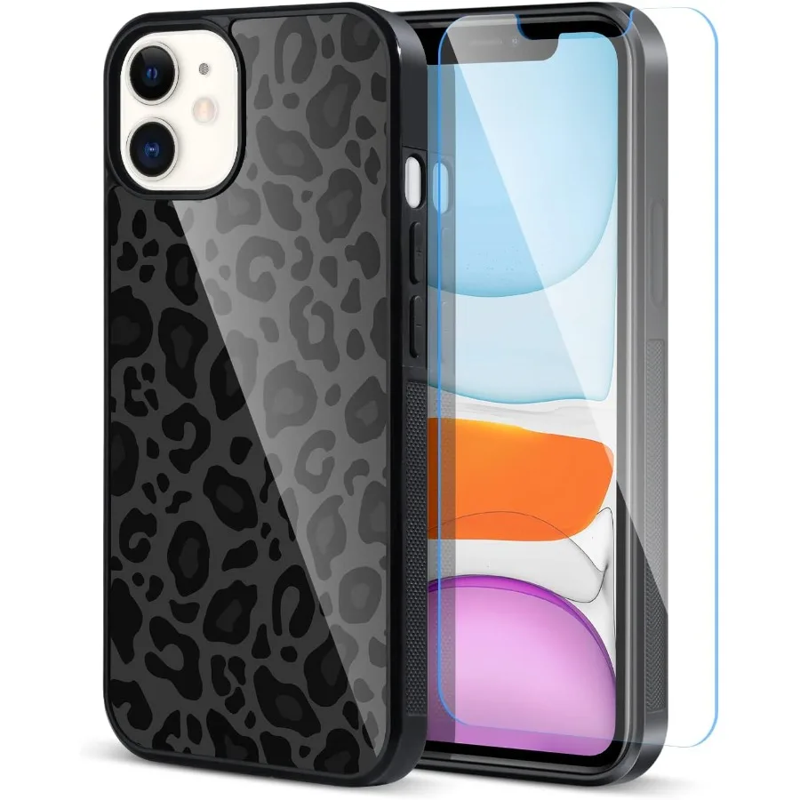 Compatibile con la custodia per iPhone 11 modello carino stampa leopardo nero ghepardo + protezione schermo copertura antiurto per pneumatici