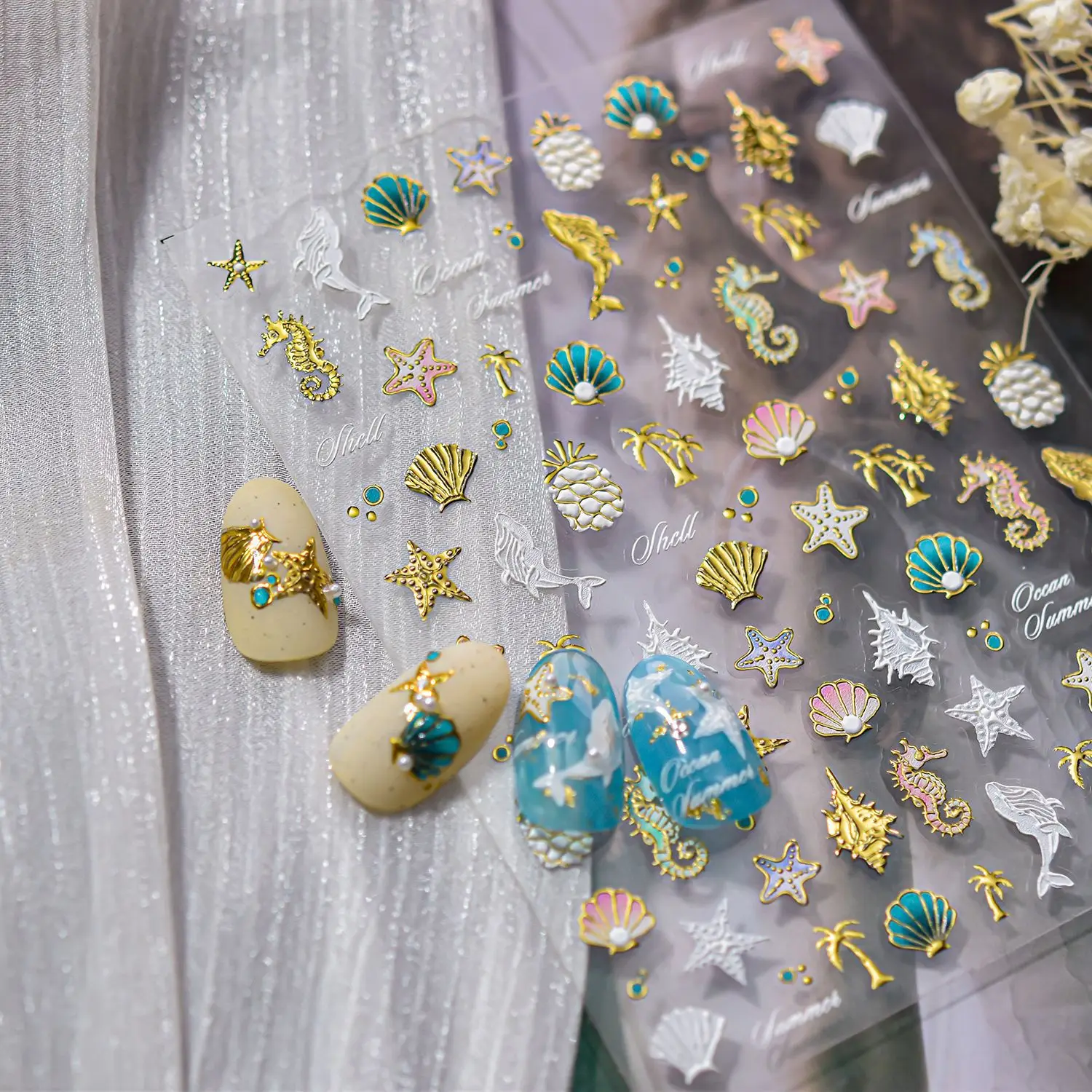 Pegatina de concha de perlas de lujo para uñas 5D, delfines de estrella de mar en relieve, piezas adhesivas para decoración de uñas, pegatinas para manicura DIY