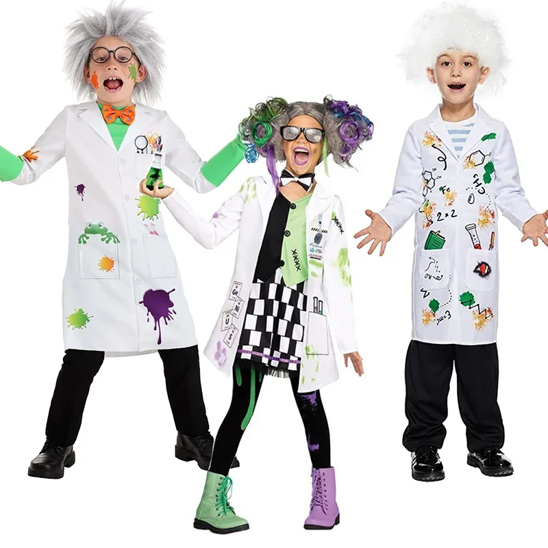 2024 Unisex Boy Raving Mad Scientist Costume Girl Kid Crazy Scientist Halloween Purim Cosplay