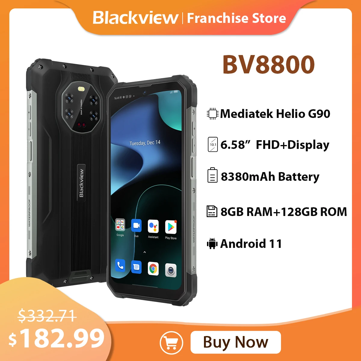 BLACKVIEW BV8800 Rugged Phone 6.58IN IPS Display 8GB+128GB Helio G96 CPU 8380mAh 50MP Camera Global Version Mobile Phone,33W