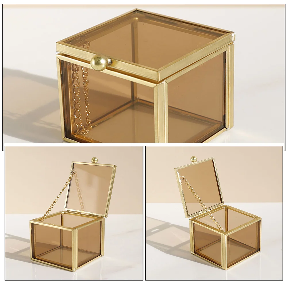 

Элегантная квадратная стеклянная шкатулка для драгоценностей из латуни, идеально подходит для колец, ожерелья, сережек, дисплея, держателя для безделушек для спальни