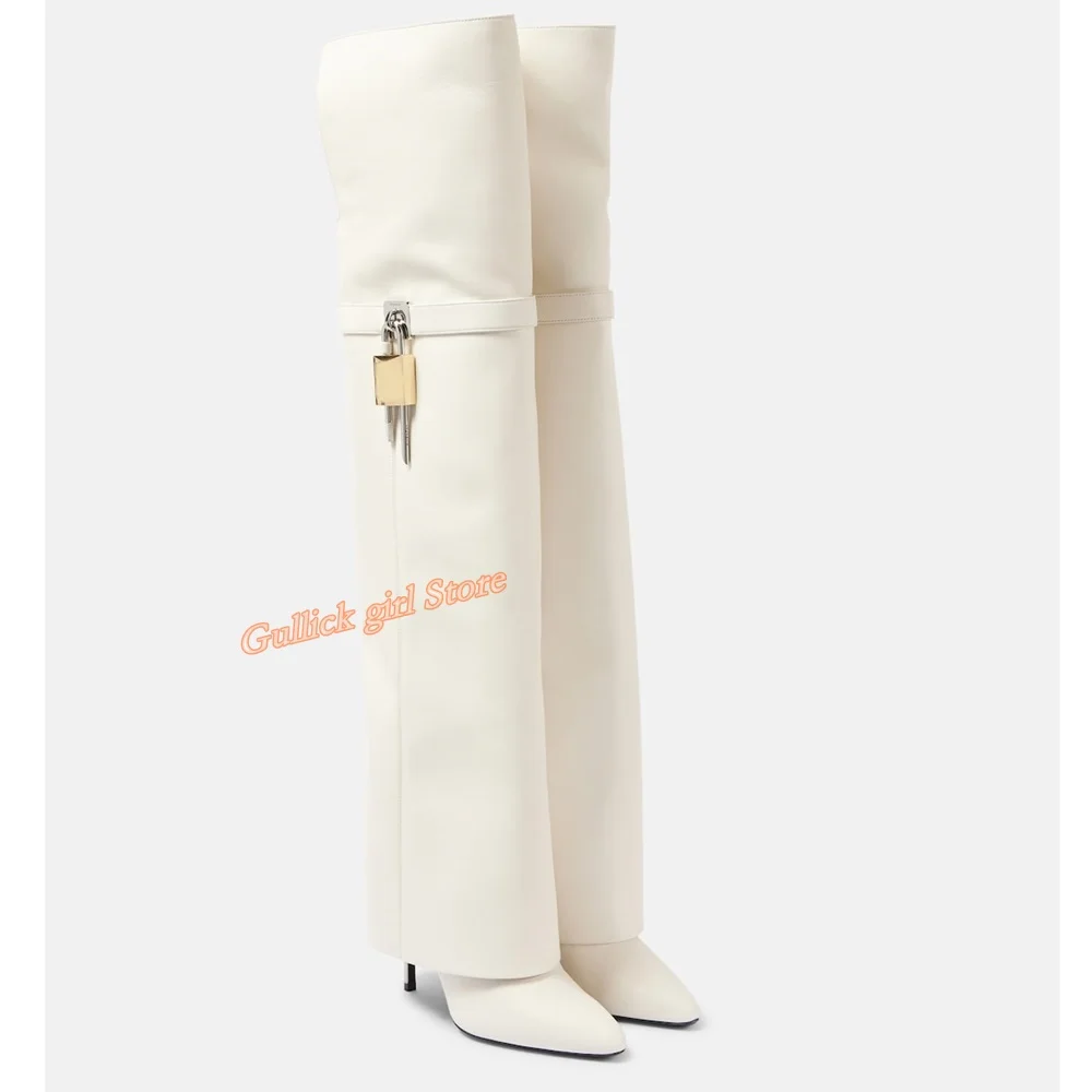 Shark Lock Stiletto Boots Over-the-knee Sexy Pointed Toe White Matte Leather Turn Over 2024 New Arrivals Excellent Quality