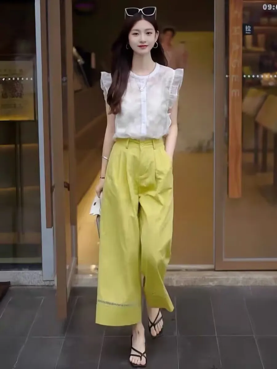 

New Korean Fashion Summer Women's two pieces set O-neck Sleeveless Shirt Top + Ankle-Lenght Wide Leg Pants Office Lady Suit