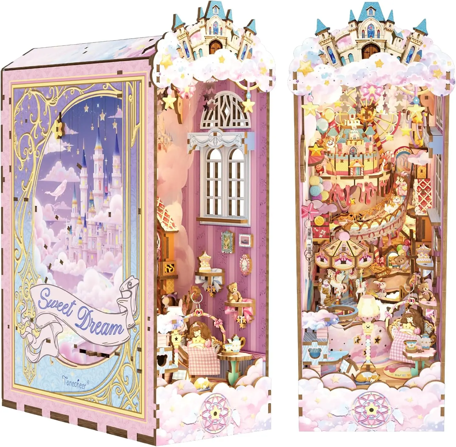 DIY Book Nook Kit for Adults, Booknook Wooden 3D Puzzle Bookend Miniature House Kit, Fantasy Pink Bookshelf Decor with Dust Cove
