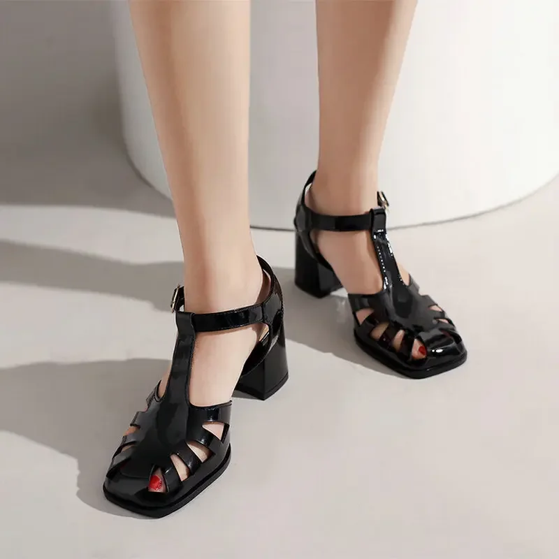 Shoes New Summer Sandals Women Female Fashion Lady PU Chunky Solid Plus Size 33 48 Casual  T-Strap High Heels Buckle Hollow Out