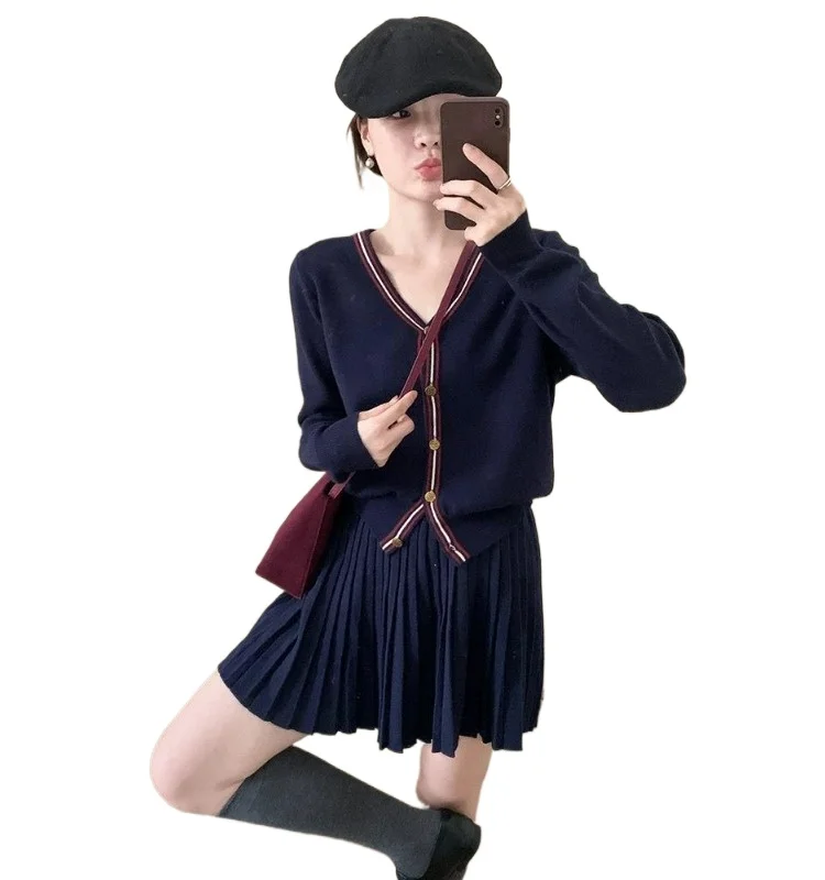 

Korean Casual Temperament Fashion Suit Autumn Spring Clothing New College Style Thin Knitted Sweater Pleated Skirt Two-piece Set