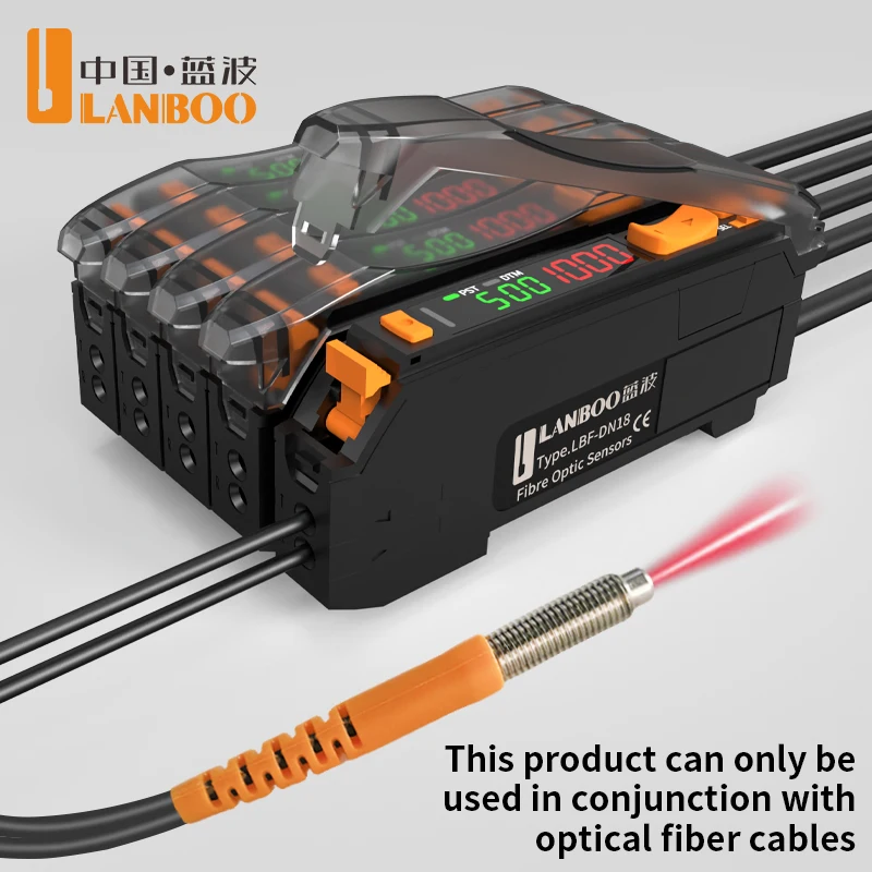 LANBOO Fiber Optic Amplifier Diffuse Reflection Right Angle Through-Beam Delay Sensing Fiber Optic Sensor PNP NPN High Precision