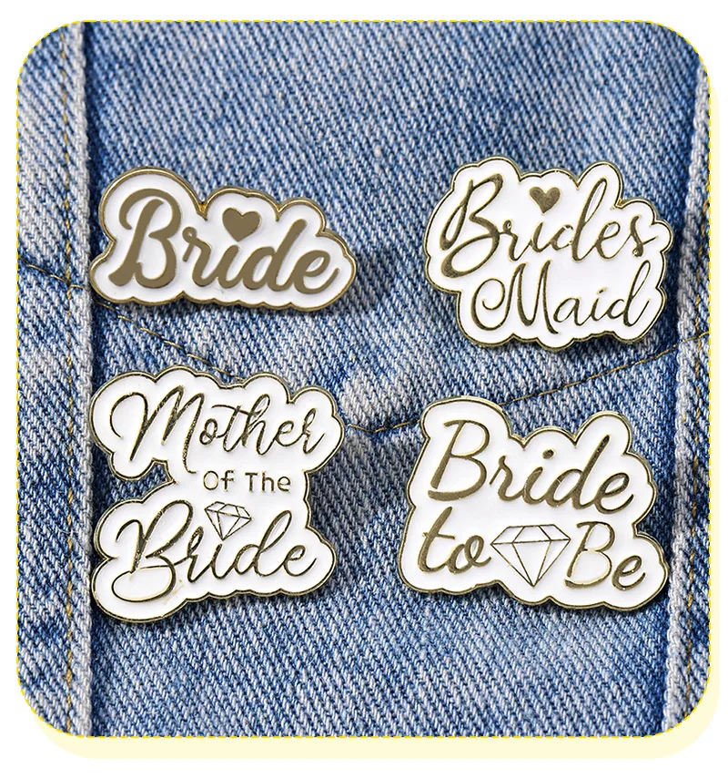 Identyfikatory na przyjęcie weselne: Panna Młoda, druhna, suknia ślubna, odzież, plecak, kapelusz, broszka, przypinka, akcesoria, prezent