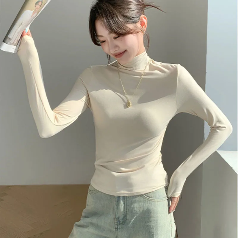 2026 New Super Soft Mask Shirts Female Autumn Winter Brushed Mock Neck Long Sleeve Tees Versatile Warm Inner Layering Basic Tops