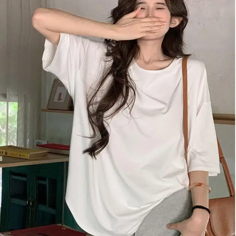 

Pure Desire Сексуальная женская футболка с открытой спиной и короткими рукавами, новый ленивый стиль, универсальный повседневный свободный топ средней длины, новый стиль