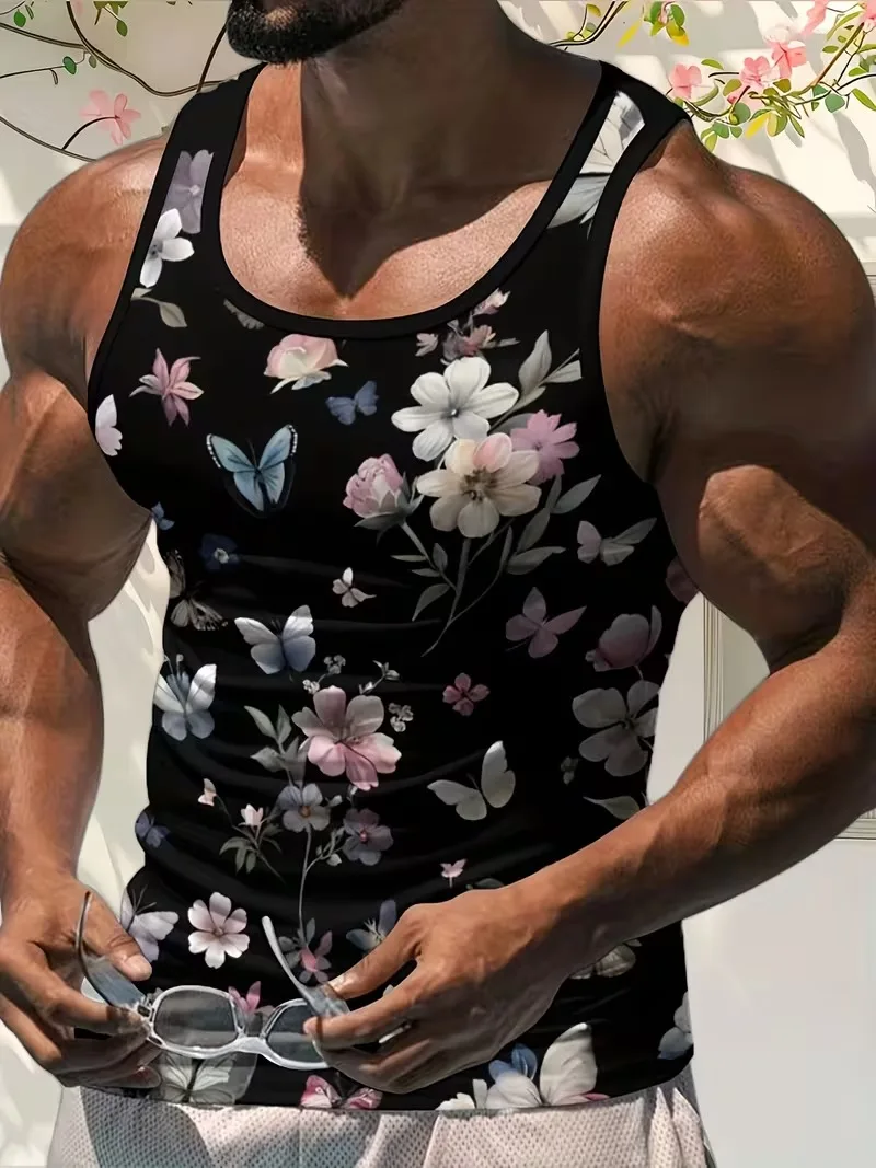 Fashion Summer Men's Casual Tank Tops 3D Flower Print Pattern Sleeveless T-shirt Loose Breathable