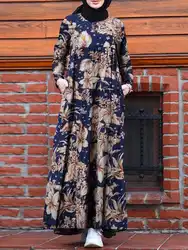 ZANZEA Retro Dubai Abaya Turkey Hijab Dress Women Vintage Floral Printed Maxi Sundress Summer Long Sleeve Kaftan Muslim Vestido