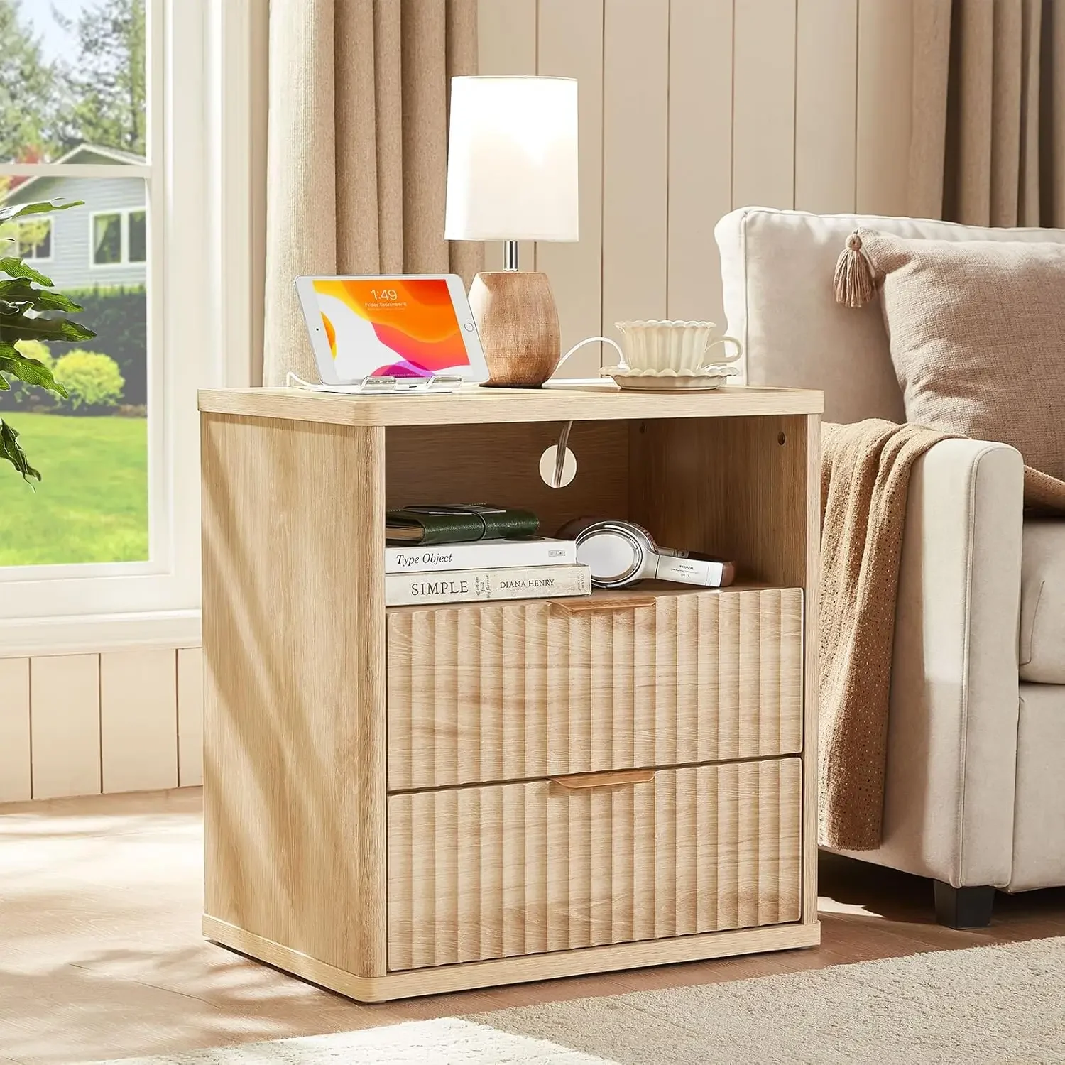Fluted Farmhouse Nightstand Set of 2 with Charging Station, 23