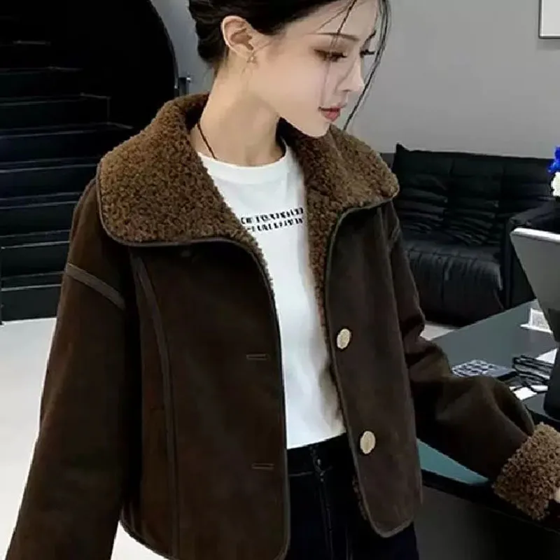 Women Faux Suede Shearling Jackets Lapel Fleece Lined Short Coats Chic Single‑Breasted Vintage Warm Winter Outerwear Streetwear
