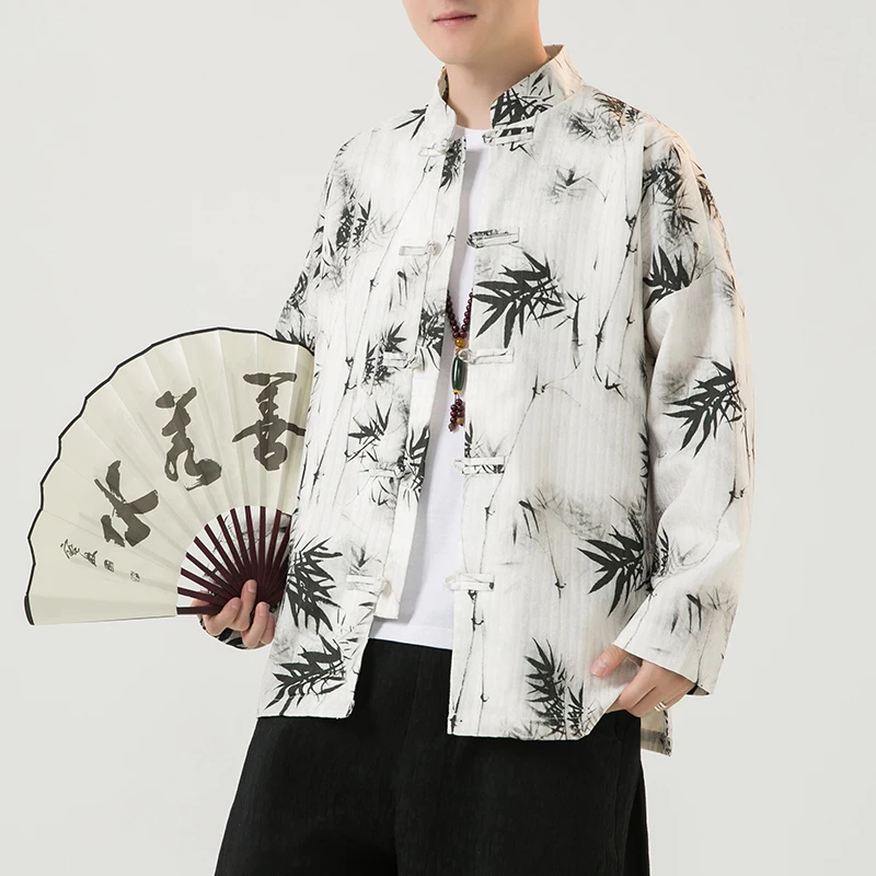 

Men's Long Sleeve Shirt Spring Autumn Retro Chinese Style Stand Collar New Nationalism Button up Top Tang Costume Coat