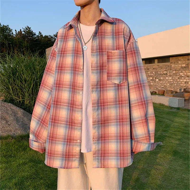 

Oversize Plaid Long Sleeve Shirts Men Preppy Trendy All-match Causal Retro Chic Outerwear Male Classic Basic Korean Camisa B403