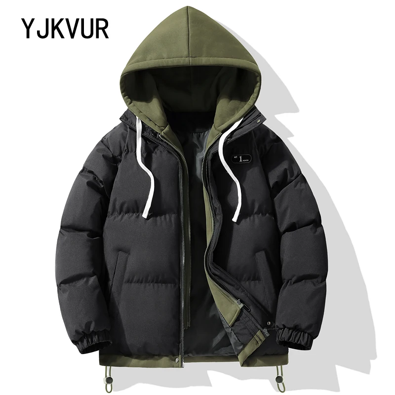 YJKVUR Cotton-Padded Coat Men 2024 Winter New Oversize Fake Two-Piece Outdoor Warm Thick Bread Jackets Plus Size Hooded Top