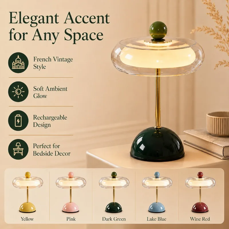 French Vintage Glass Rechargeable Touch Dimming Elegant Bedside Decor for Bedroom Living Room Hotel Ambient LED Table Lamp