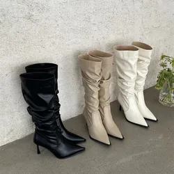 Comemore Stretch Soft Leather Women Knee High Boots Fashion Pointed Toe Shoes Autumn Winter Thin Heel Ladies Solid Long Botas