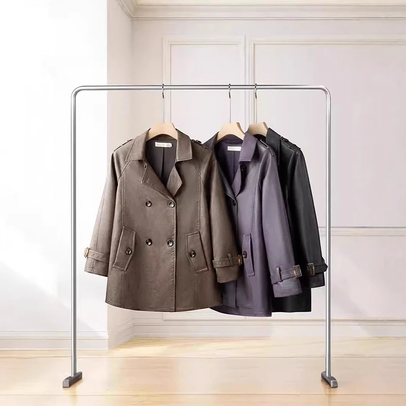 Spring Autumn Brown Oversized Soft Faux Leather Jacket Women Double Breasted Elegant Chic Luxury Designer Clothes