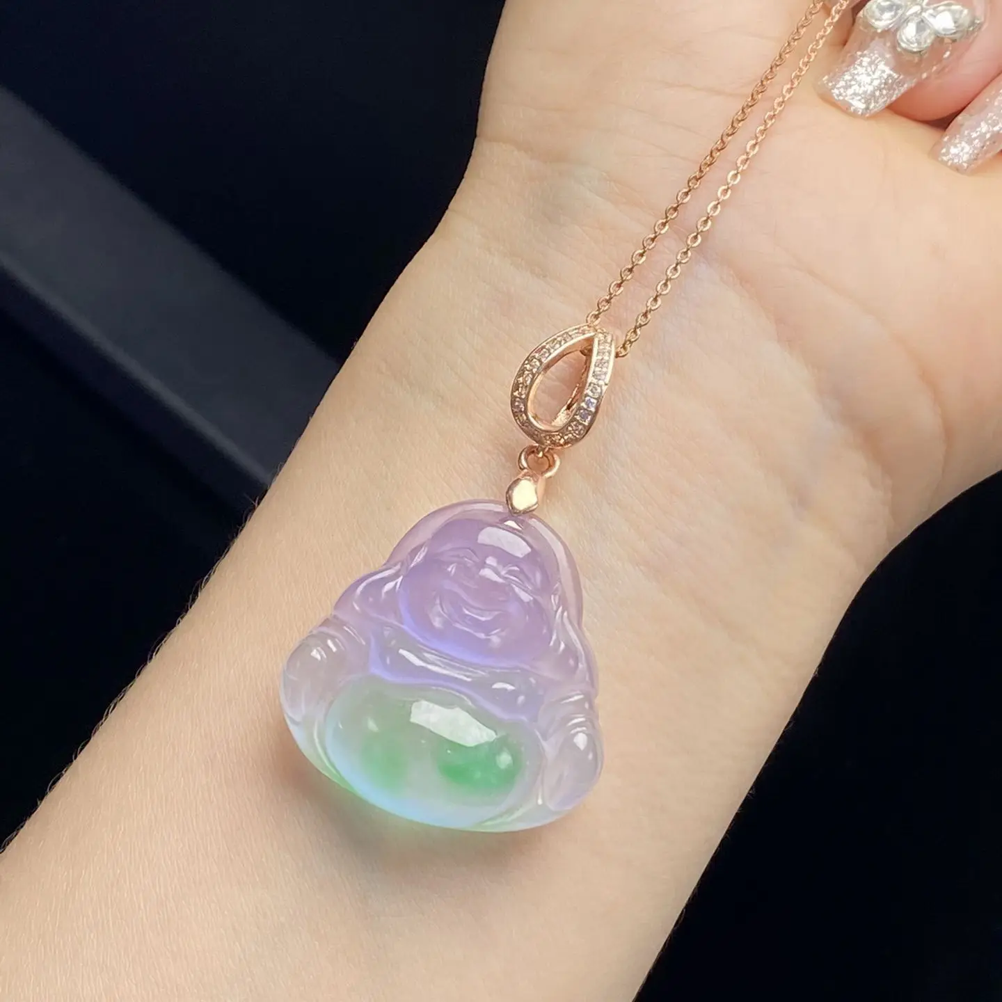

Pure natural new Myanmar high ice jadeite violet women's laughing Buddha jade Buddha pendant jade Buddha male collarbone chain