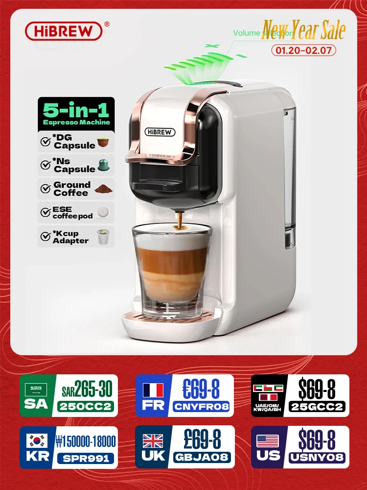 HiBREW 5 in 1 Multiple Capsule Coffee Machine Hot/Cold DG Cappuccino Nes Small Capsule ESE Pod Ground Coffee Cafeteria 20Bar H2B