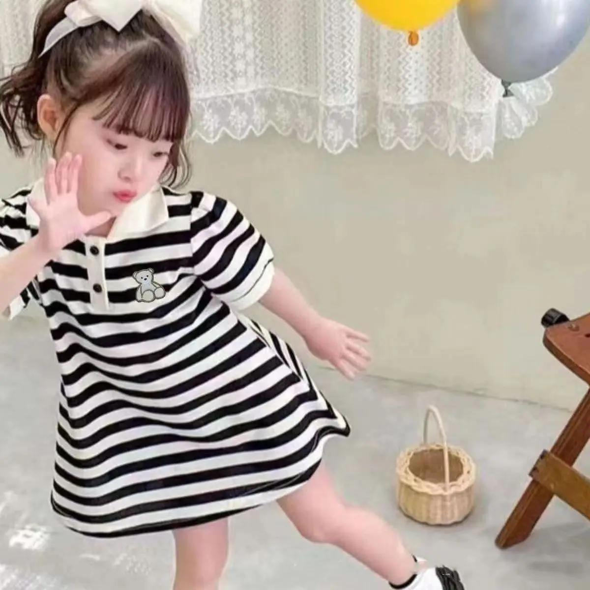 Girl's summer short sleeved polo collar dress, baby girl's summer dress, striped A-line skirt, internet famous and popular, stra