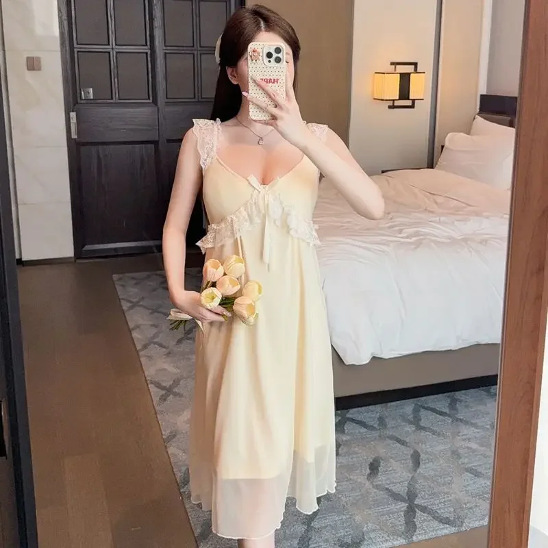 

Women's Summer Thin Sexy Pure Desire V-neck Short-sleeved Pajamas Skirt Sweet Fairy Loungewear Court Style Lace Mesh Nightdress