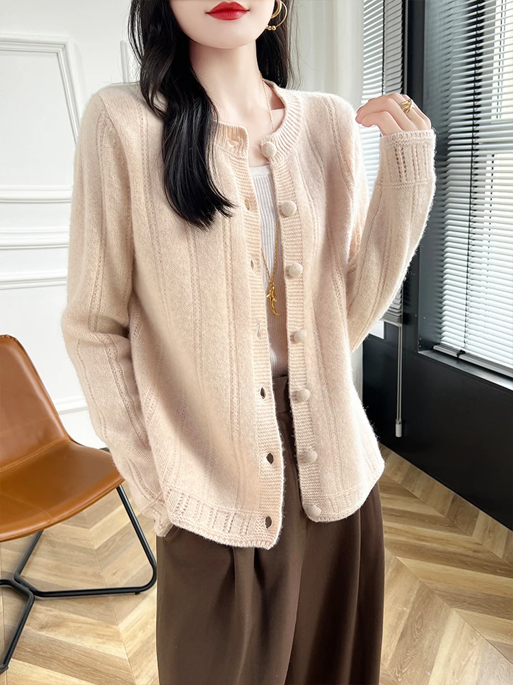 2024 New Women's O-neck Button Cardigan 100% Merino Wool Sweater Autumn Winter Long Sleeve Cashmere Knitwear Female Fashion Coat