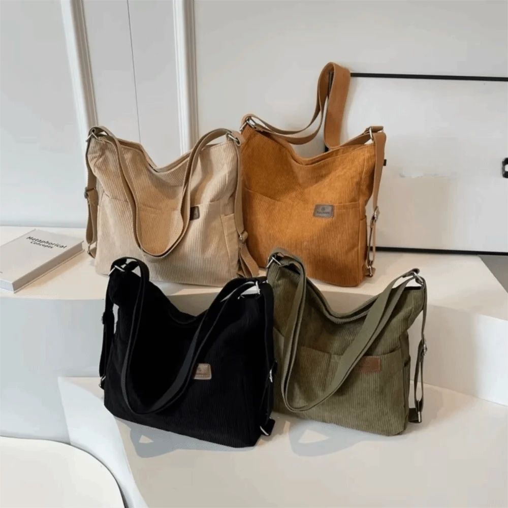 

Large Capacity Multifunctional Shoulder Bag Elegan Pure Color Corduroy Tote Bag Korean Style Multiple Pockets Crossbody Bag