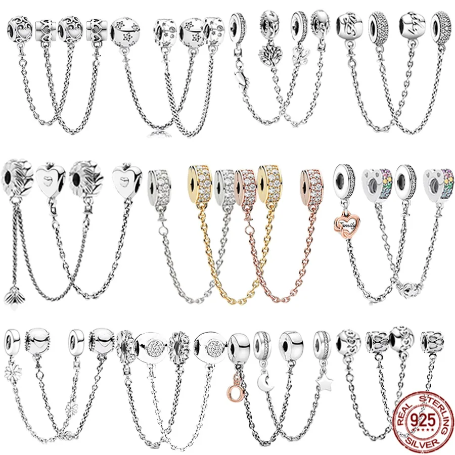 925 Sterling Silver Sparkling DIY Jewelry Herbarium Cluster & Family Tree Rose gold Safety Chain Charm Bead Fit Pandora Bracelet
