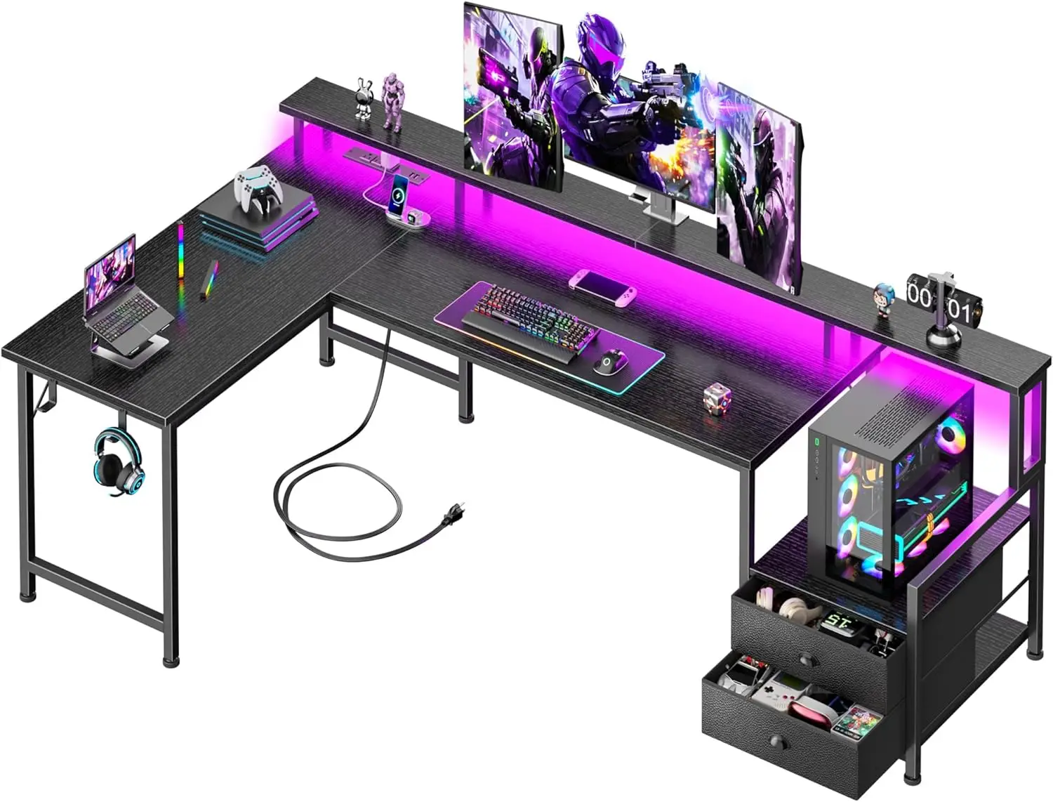 

L Shaped Gaming Desk Reversible Corner Desk Large Computer Desk With Drawers Storage Shelves Power Outlets Host Stand Led Lights