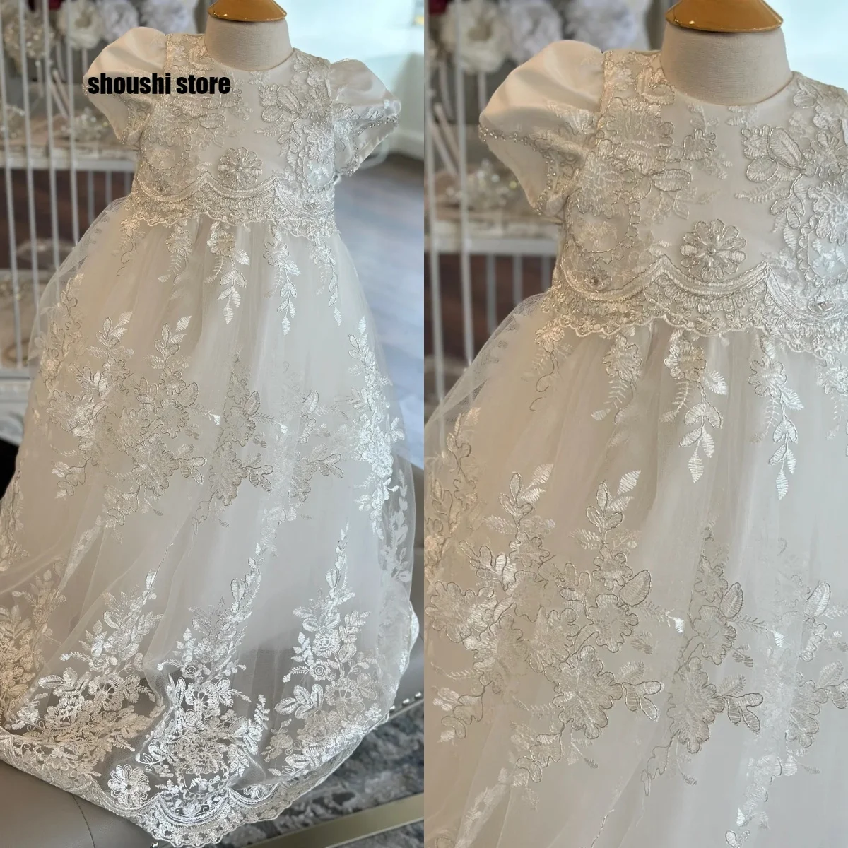 

White Lace Baby Christening Gowns Appliques Long Girls Baptism Customized Newborn Kids Birthday First Communion Dresses