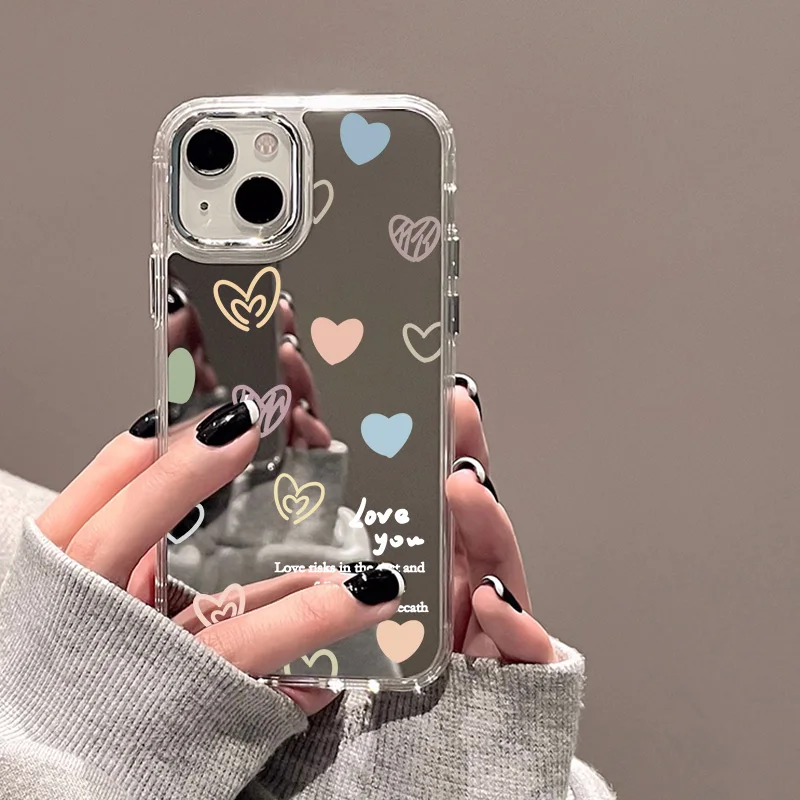 Love Heart Mirror Phone Case For iPhone 11 Case iPhone 12 13 14 15 16 Pro Max Plus X XR XS Make Up Mirror Shockproof Soft Cover