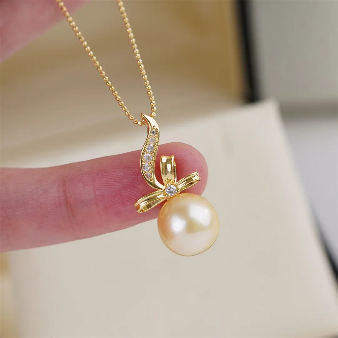 8-9mm  9-10mm 11-12mm 12-13mm south sea gold round pearl pendant 18inch  yellow  white silver Ribbon bow classic fashion desig