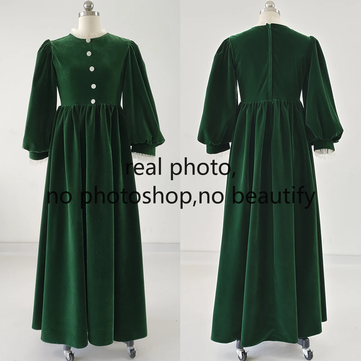 

Real Photo Modest Evening Dress Green Velvet Ruffles O-neck Full Sleeves Zipper A-line Floor Length Plus size Formal Party Gown