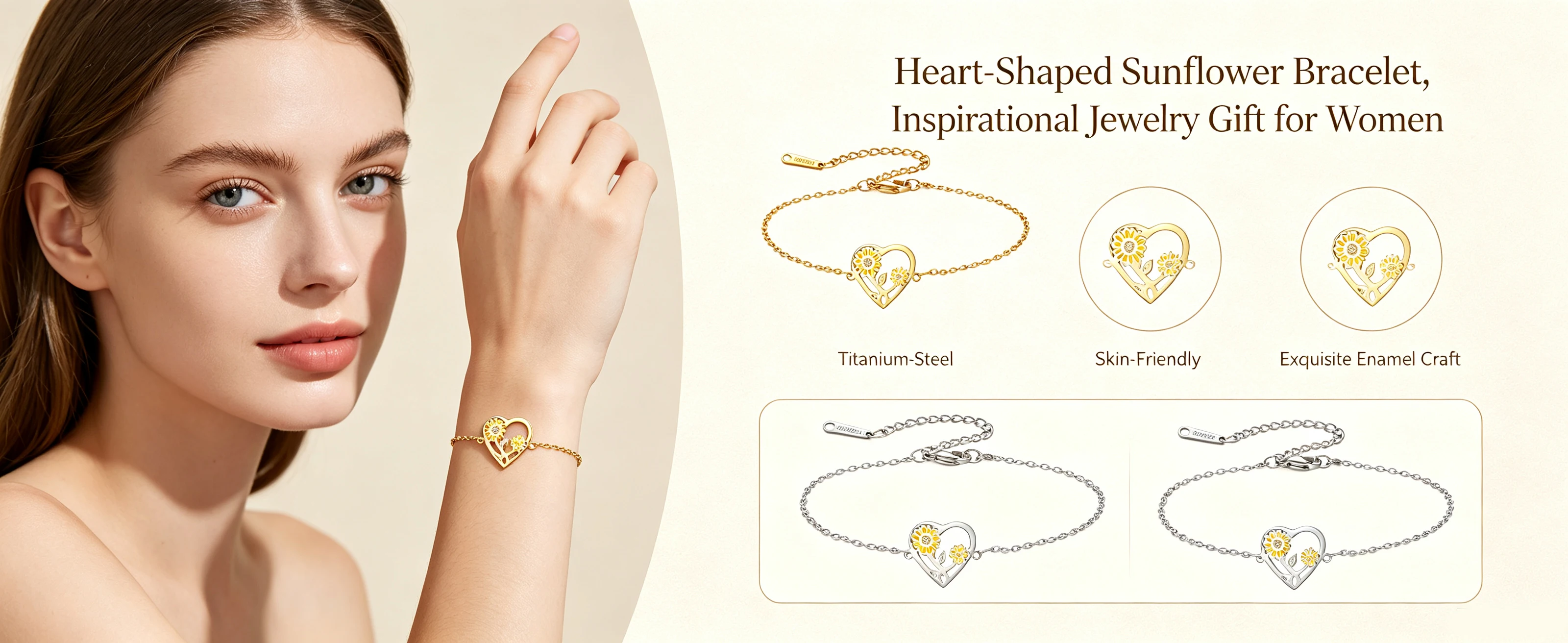 Kkjoy Herz-Sonnenblumen-Armband und Fußkettchen, Emaille-Edelstahlschmuck, zierlicher Blumenanhänger für Handgelenk und Knöchel, süßes Alltagsgeschenk für Damen – Detail 1