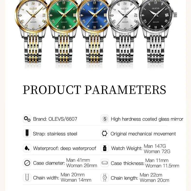 OLEVS-Montres mécaniques à tourbillon pour couple, montres-bracelets pour lui et elle, bracelet en acier inoxydable, ensemble de montres pour amoureux, cadeau