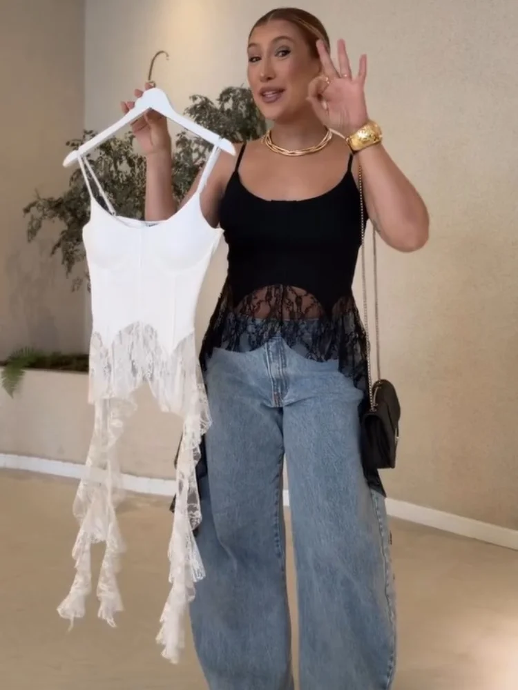 

Perspective Ruffled Lace Camisole Sexy Women's Elegant Off-shoulder Off Backless Slim Fit Vest 2026 New Lady Casual Daily Blouse