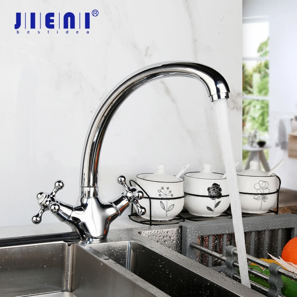 

JIENI 360 Поворотный хромированный латунный кухонный кран с 2 ручками из нержавеющей стали носик для раковины кран для горячей и холодной воды кран
