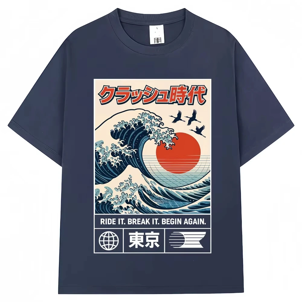Japanese Style Hokkaido Wave Tokyo Graphic T-shirt Men Women Harajuku Fashion Vintage High Quality T Shirts Loose Cotton T Shirt
