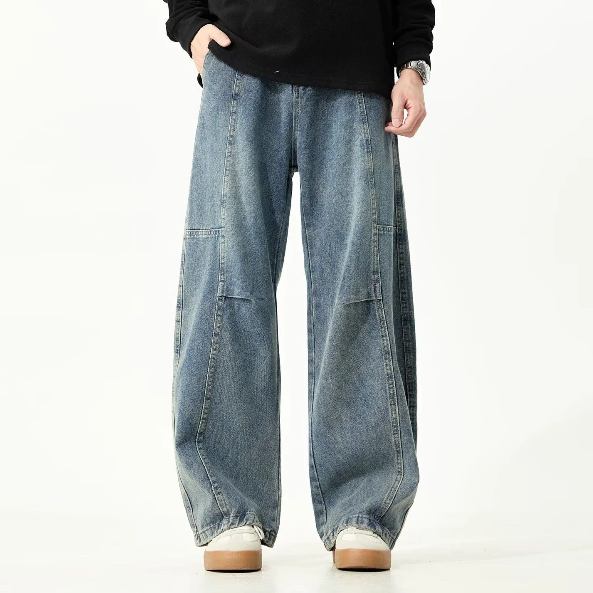 

Мужские свободные прямые джинсы с ножом, винтажные повседневные брюки со средней талией, зимняя одежда из смеси хлопка и полиэстера