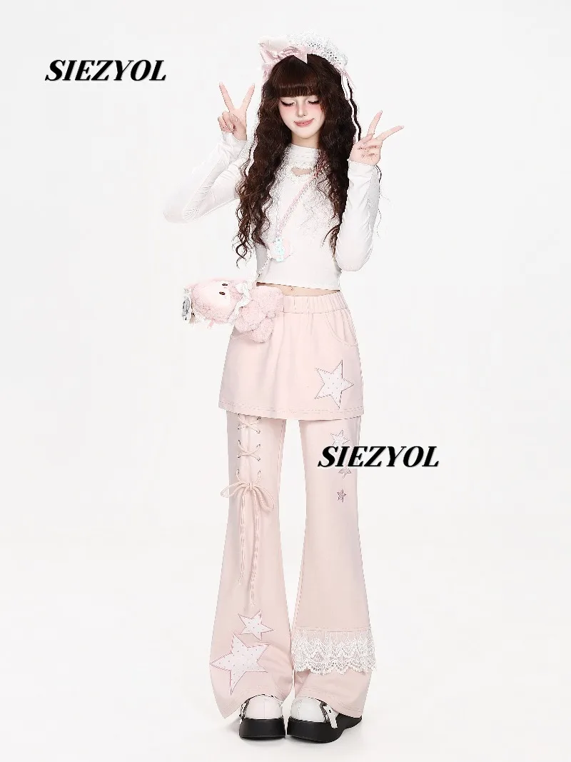 Original Sweet Girl Splicing Fake Two-piece Trousers Autumn New Versatile High-waisted Lace Decorative Casual Pants Sweatpants
