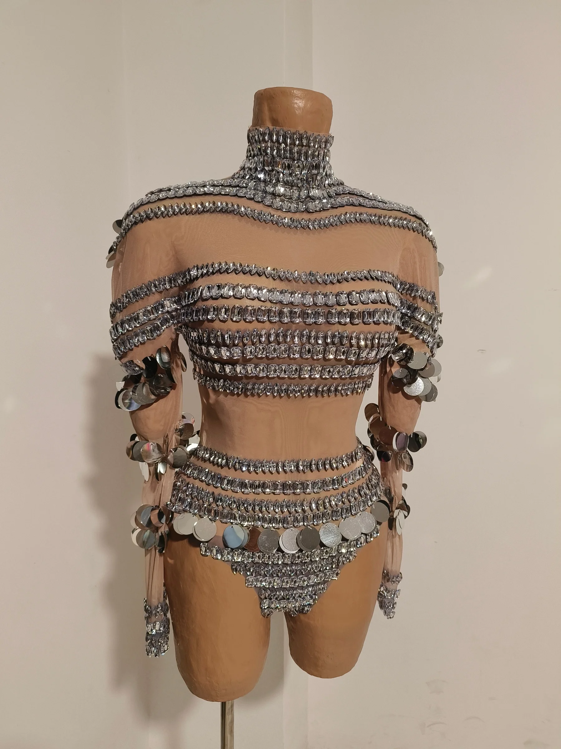 Silver Rhinestone Sparkly Sequin See Through Mesh Outfit Tight Fitting Bodysuit Nightclub Party Stage Dance Sexy Costume Jiamian