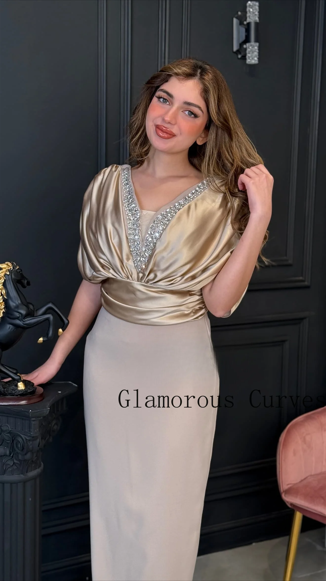 Customized Champagne Midi Sheath Satin Evening Dress Beaded V Neck Short Sleeve Fitted Silhouette Formal Party Occasions Gown