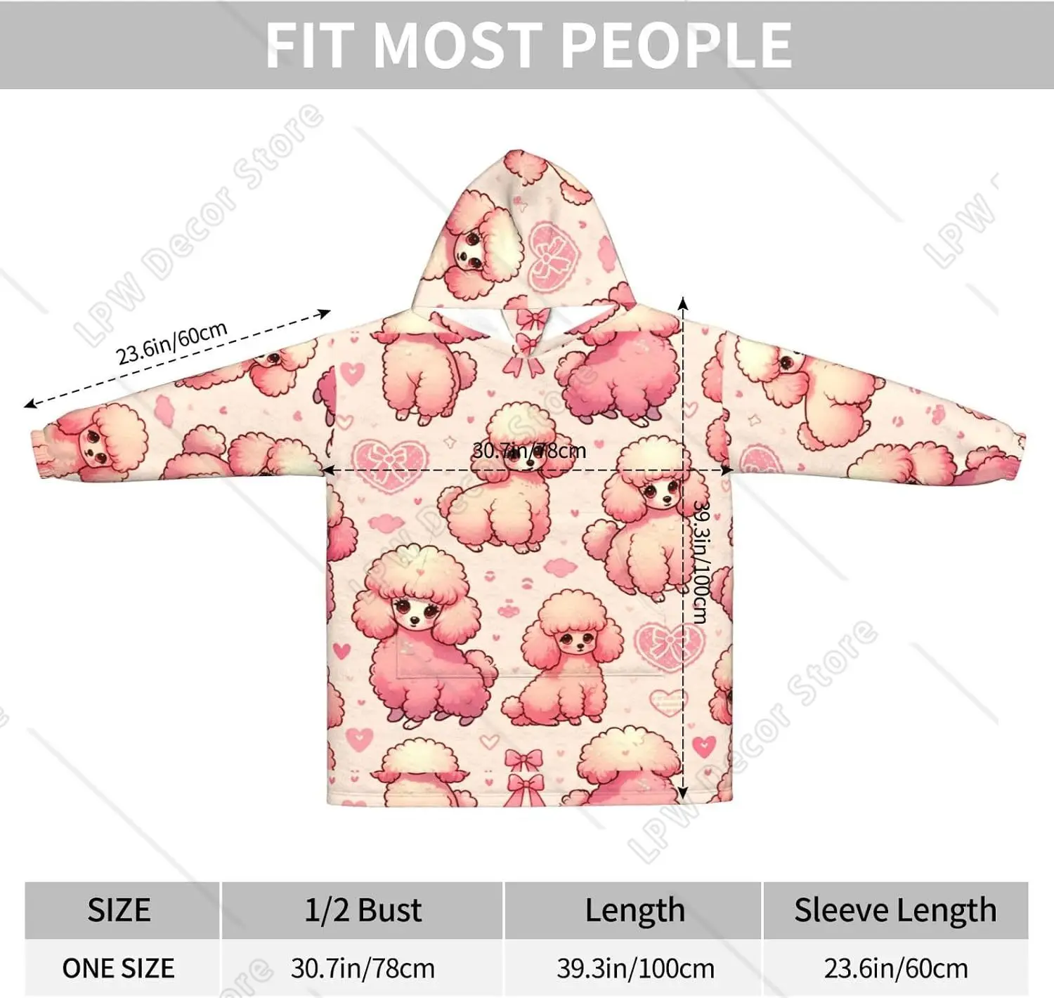 Oversized Flannel Wearable Blanket Hoodie For Adult Cute Poodle Pink Love Soft Fuzzy Hooded Lounging Pullover