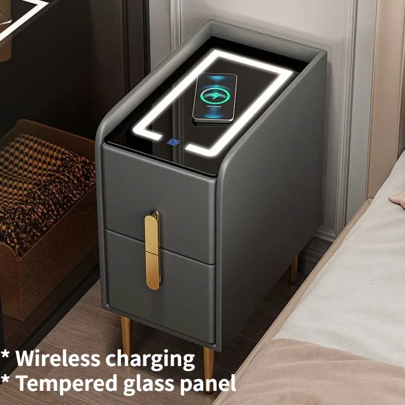 Ultra Narrow Smart Bedside Table Wireless Charging Creative Multi-Functional 3-tone LED Light Home Night Stands for Bedroom