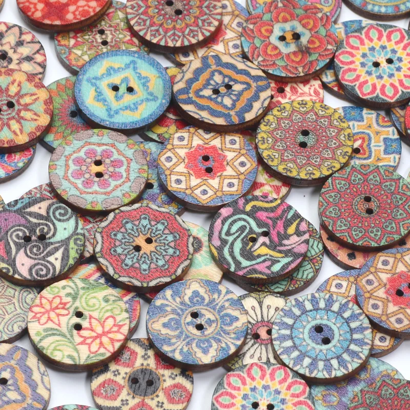 50pcs 15/20/25mm Mixed Pattern Wooden Buttons For Clothes Decorative Crafts Supplies Diy Needlework Handbags Sewing Accessories